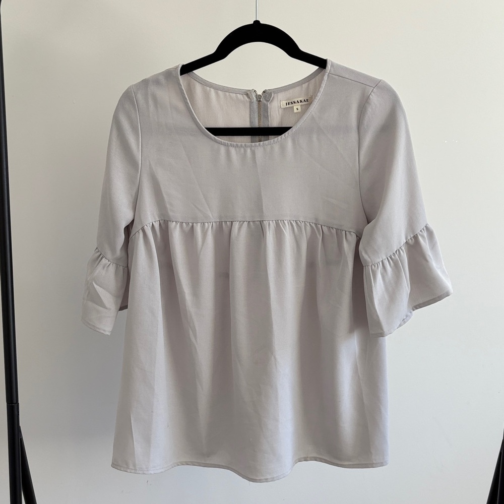 JessaKae Light Gray Blouse with Ruffle Detail
